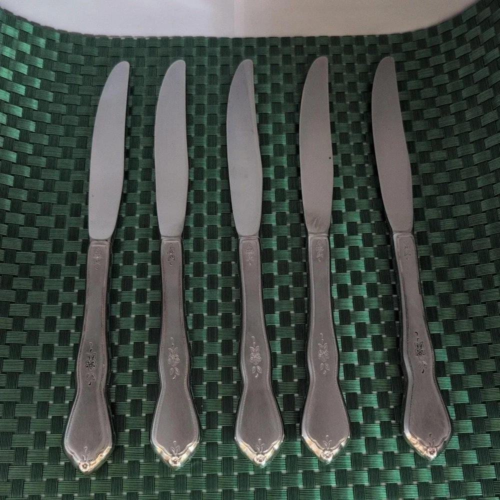 Oneida MORNING BLOSSOM Dinner Knives Set Lot of 5 Stainless Burnished Floral USA